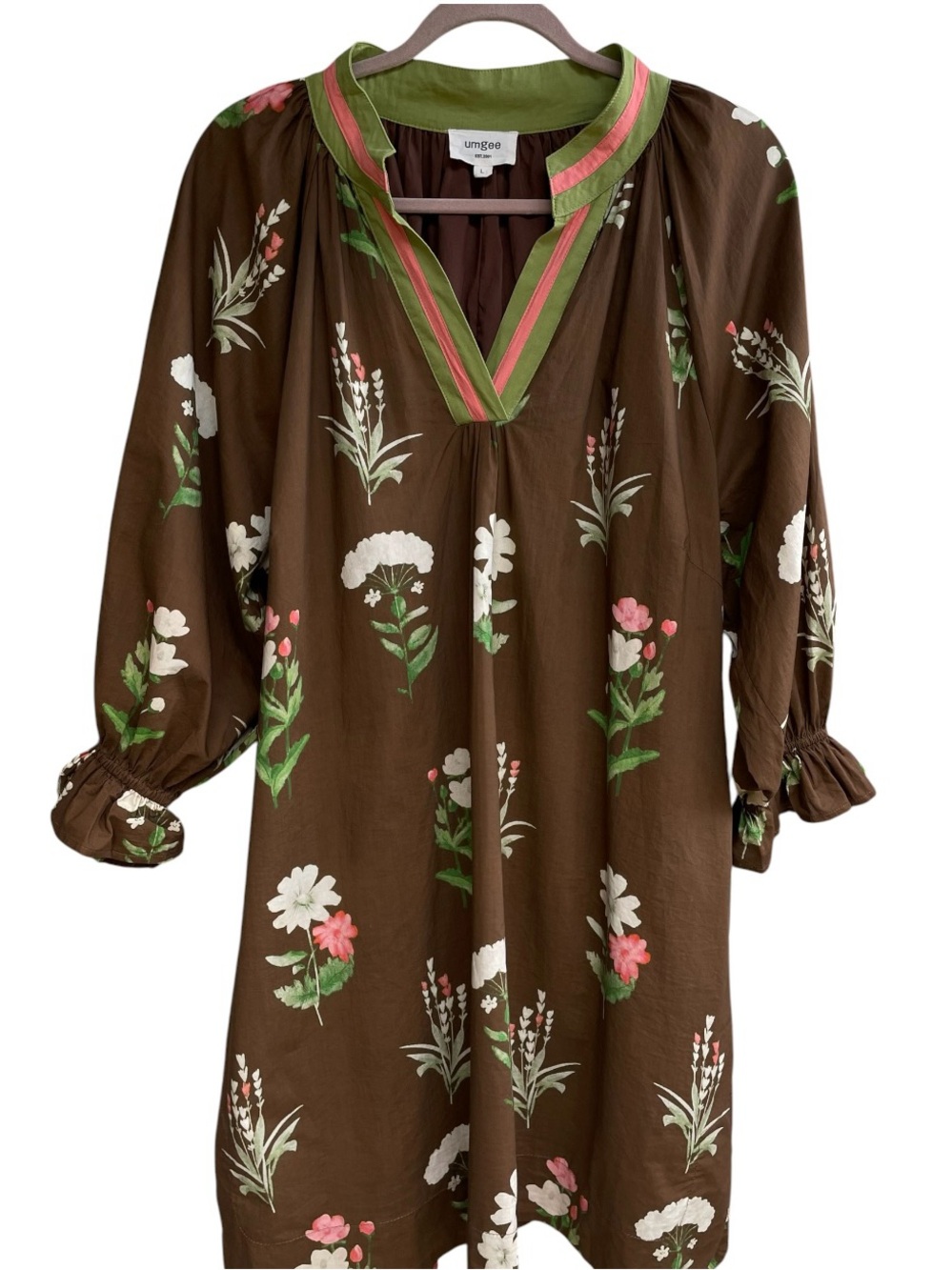 Umgee Brown Floral V-Neck Dress L